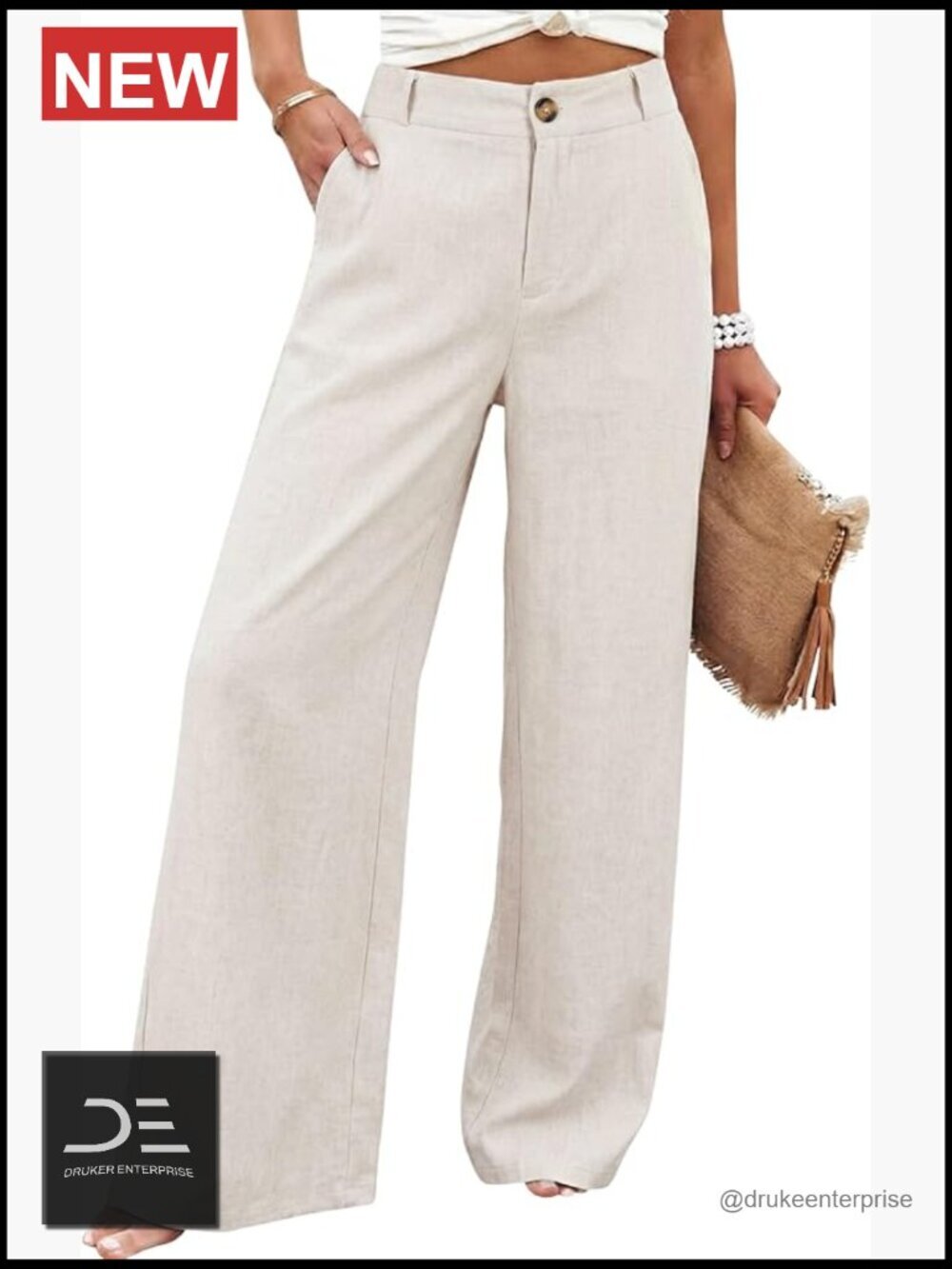 Cotton Linen Wide Leg Pants High Waisted Casual Button Up